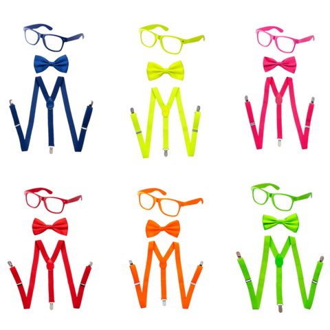Adults/Teens Neon Suspender, Bowtie, & Glasses Accessory Set