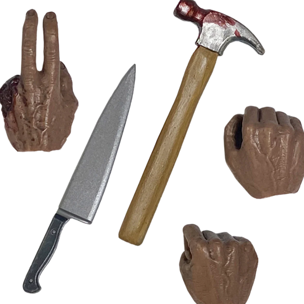 Set of Halloween 2018 Michael Myers 12-inch action figure horror accessory props including a knife, hammer, interchangeable hands in peace and gripped positions