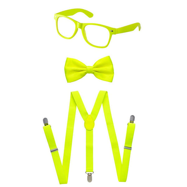 Adults/Teens Neon Suspender, Bowtie, & Glasses Accessory Set