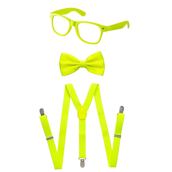 Kids Neon Suspender, Bowtie, & Glasses Accessory Set