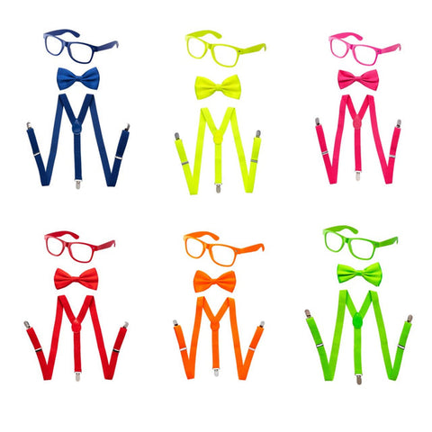 Kids Neon Suspender, Bowtie, & Glasses Accessory Set