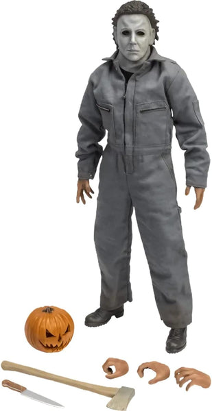 Michael Myers Halloween 6 12-inch action figure collectible wearing a gray coverall and a white mask with included jack-o-lantern, 3 interchangeable hands, an axe, and a knife