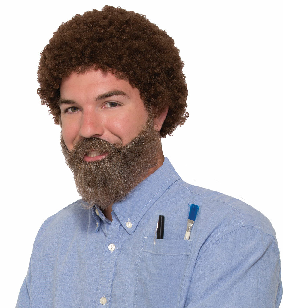 80's Bob Ross Curly Brown Wig Beard & Moustache Costume Kit 80's Bob Ross Curly Brown Wig Beard & Moustache Costume Kit