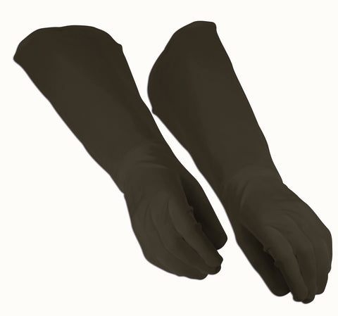 Adult Black Hero Gauntlet Gloves Costume Accessory Featuring a pair of black stretch fabric gauntlet gloves designed with a smooth, form-fitting construction, full hand coverage, and extended forearm-length panels that create a wide, flared silhouette along the outer arm for a bold and structured finish.