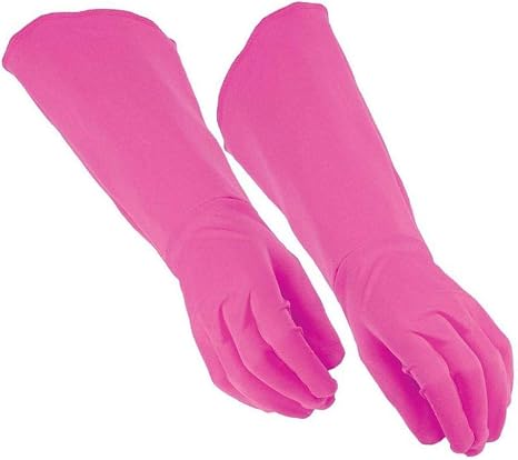 Adult Pink Hero Gauntlet Gloves Costume Accessory Featuring a pair of bright pink stretch fabric gauntlet gloves designed with a smooth, form-fitting finish, full hand coverage, and extended forearm-length panels that create a wide, flared silhouette along the outer arm for a bold, stylized look.