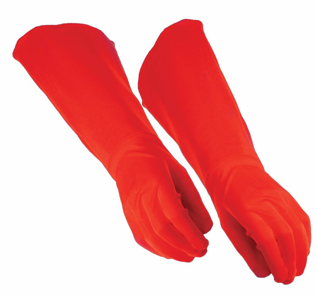 Adult Red Hero Gauntlet Gloves Costume Accessory Featuring a pair of bright red stretch fabric gauntlet gloves designed with a smooth, form-fitting construction, full hand coverage, and extended forearm-length panels that create a wide, flared silhouette along the outer arm for a bold and structured finish.