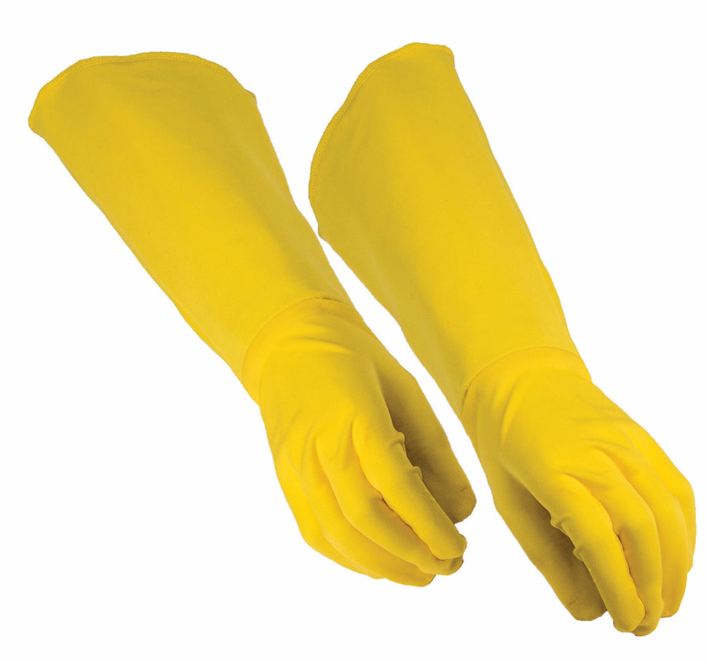 Adult Yellow Hero Gauntlet Gloves Costume Accessory Featuring a pair of bright yellow stretch fabric gauntlet gloves designed with a smooth, form-fitting construction, full hand coverage, and extended forearm-length panels that create a wide, flared silhouette along the outer arm for a bold and structured finish.
