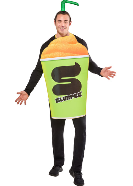 Man posing in the Adults 7-11 Slurpee Drink Cup Costume Featuring a foam-backed tunic costume shaped like a 7-11 Slurpee cup, designed with a bright green exterior, a large printed black S logo and SLURPEE text on the front, a dimensional orange frozen drink top, an attached green straw headpiece, and yellow tie straps at the neck and waist to secure the costume comfortably over clothing.