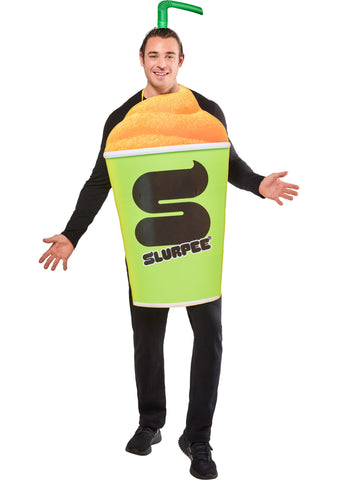 Man posing in the Adults 7-11 Slurpee Drink Cup Costume Featuring a foam-backed tunic costume shaped like a 7-11 Slurpee cup, designed with a bright green exterior, a large printed black S logo and SLURPEE text on the front, a dimensional orange frozen drink top, an attached green straw headpiece, and yellow tie straps at the neck and waist to secure the costume comfortably over clothing.