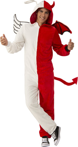 Adults Angel and Devil Comfy Wear Onesie Costume Jumpsuit
Featuring a full-length unisex jumpsuit designed with a split color scheme, this costume includes one half in solid white and the other in bright red, constructed from a soft, plush fabric. The jumpsuit has a front zipper closure and an attached hood designed with contrasting details, including a halo on the white side and a horn on the red side. The back features mismatched wings with a white feathered-style wing on one side and a red bat on other