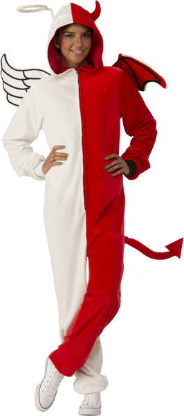 Adults Angel and Devil Comfy Wear Onesie Costume Jumpsuit
Featuring a full-length unisex jumpsuit designed with a split color scheme, this costume includes one half in solid white and the other in bright red, constructed from a soft, plush fabric. The jumpsuit has a front zipper closure and an attached hood designed with contrasting details, including a halo on the white side and a horn on the red side. The back features mismatched wings with a white feathered-style wing on one side and a red bat on other