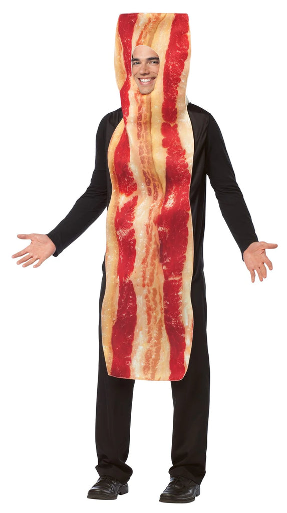 Man in Adults Bacon Costume Featuring a one-piece tunic styled to resemble a strip of bacon, with a long vertical shape and textured printed design in shades of red, brown, and creamy white to mimic marbling. The costume includes a face opening near the top and a soft structure that extends down to about knee length, with a plain darker backing and open sides for arms, allowing it to be worn comfortably over regular clothing.