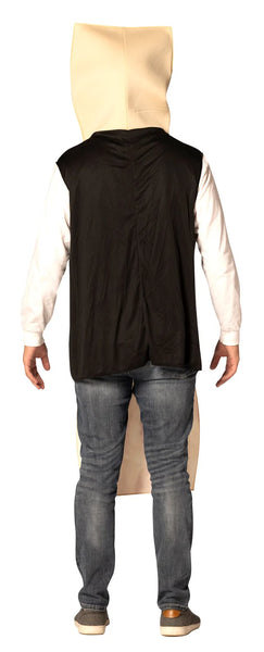 Back view of Man in Adults Bacon Costume Featuring a one-piece tunic styled to resemble a strip of bacon, with a long vertical shape and textured printed design in shades of red, brown, and creamy white to mimic marbling. The costume includes a face opening near the top and a soft structure that extends down to about knee length, with a plain darker backing and open sides for arms, allowing it to be worn comfortably over regular clothing.
