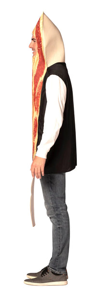 Side view of Man in Adults Bacon Costume Featuring a one-piece tunic styled to resemble a strip of bacon, with a long vertical shape and textured printed design in shades of red, brown, and creamy white to mimic marbling. The costume includes a face opening near the top and a soft structure that extends down to about knee length, with a plain darker backing and open sides for arms, allowing it to be worn comfortably over regular clothing.