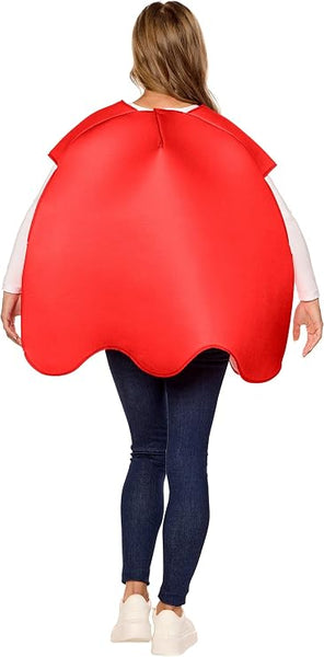 Back of Woman modeling the Adults Bandai Namco Pac-Man Blinky the Red Ghost Costume Featuring a bright red rounded body with a scalloped lower edge, oversized white eyes with blue pupils printed on the front, side arm openings, and a pullover design that creates the character's recognizable arcade game silhouette.