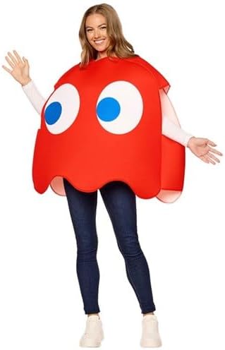 Woman modeling the Adults Bandai Namco Pac-Man Blinky the Red Ghost Costume Featuring a bright red rounded body with a scalloped lower edge, oversized white eyes with blue pupils printed on the front, side arm openings, and a pullover design that creates the character's recognizable arcade game silhouette.