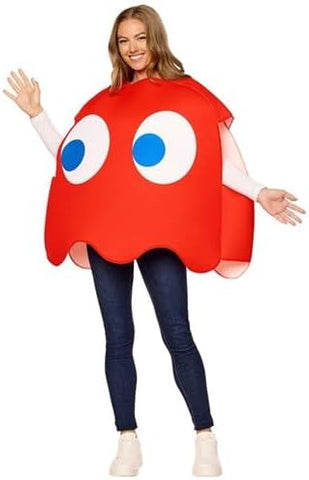 Woman modeling the Adults Bandai Namco Pac-Man Blinky the Red Ghost Costume Featuring a bright red rounded body with a scalloped lower edge, oversized white eyes with blue pupils printed on the front, side arm openings, and a pullover design that creates the character's recognizable arcade game silhouette.
