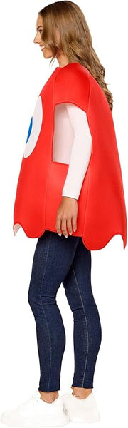 Side of Woman modeling the Adults Bandai Namco Pac-Man Blinky the Red Ghost Costume Featuring a bright red rounded body with a scalloped lower edge, oversized white eyes with blue pupils printed on the front, side arm openings, and a pullover design that creates the character's recognizable arcade game silhouette.