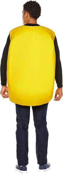 Back of Man posing in the Adults Bandai Namco Pac-Man Costume Featuring a tunic designed to resemble the iconic Pac-Man character, with a bright yellow circular body, a large wedge-shaped mouth opening lined in black, and a padded three-dimensional shape that recreates the classic arcade game appearance.