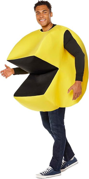 Man posing in the Adults Bandai Namco Pac-Man Costume Featuring a tunic designed to resemble the iconic Pac-Man character, with a bright yellow circular body, a large wedge-shaped mouth opening lined in black, and a padded three-dimensional shape that recreates the classic arcade game appearance.