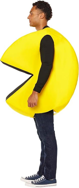 Side of Man posing in the Adults Bandai Namco Pac-Man Costume Featuring a tunic designed to resemble the iconic Pac-Man character, with a bright yellow circular body, a large wedge-shaped mouth opening lined in black, and a padded three-dimensional shape that recreates the classic arcade game appearance.