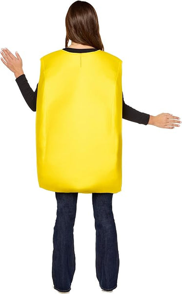Back of Woman posing in the Adults Bandai Namco Pac-Man Costume Featuring a tunic designed to resemble the iconic Pac-Man character, with a bright yellow circular body, a large wedge-shaped mouth opening lined in black, and a padded three-dimensional shape that recreates the classic arcade game appearance.