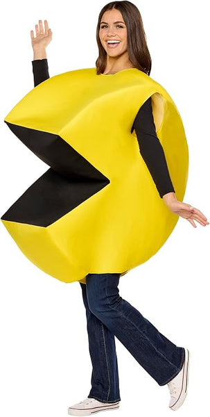 Woman posing in the Adults Bandai Namco Pac-Man Costume Featuring a tunic designed to resemble the iconic Pac-Man character, with a bright yellow circular body, a large wedge-shaped mouth opening lined in black, and a padded three-dimensional shape that recreates the classic arcade game appearance.