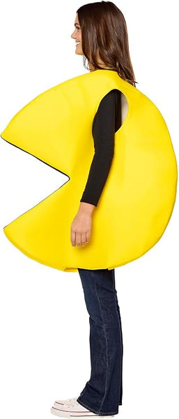 Side of Woman posing in the Adults Bandai Namco Pac-Man Costume Featuring a tunic designed to resemble the iconic Pac-Man character, with a bright yellow circular body, a large wedge-shaped mouth opening lined in black, and a padded three-dimensional shape that recreates the classic arcade game appearance.