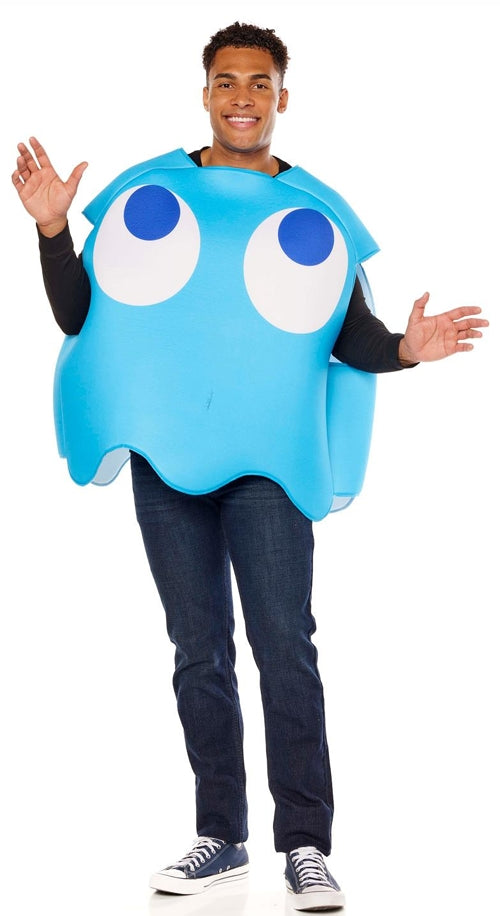 Man in the Adults Bandai Namco Pac-Man Inky the Blue Ghost Costume Featuring a light blue foam tunic designed in the shape of Inky from Pac-Man, with a rounded ghost silhouette, layered dimensional construction, large white eyes with dark blue pupils printed on the front, open sides for arm movement, a black neckline opening, and a scalloped lower edge that mimics the classic ghost character design.