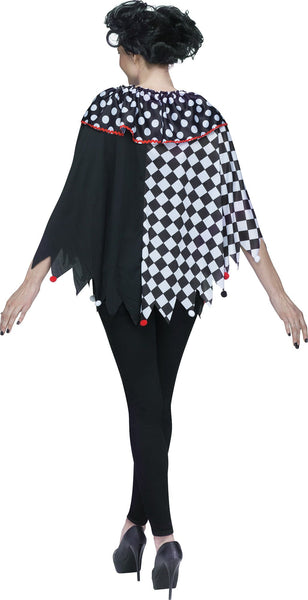 Back of a woman modeling the Adults Black and White Clown Costume Poncho featuring an oversized poncho-style top designed with a bold split pattern of solid black on one side and black-and-white diamond print on the other, paired with sheer black mesh paneling for added contrast; includes a layered polka dot collar with a gathered neckline and red trim, along with jagged cut edges and small pom‑pom accents in black, white, and red along the hem and front for a classic clown finish