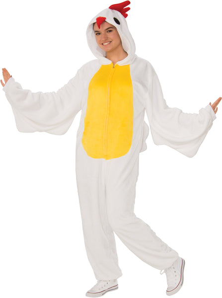 Woman in the Adults Chicken Comfy Wear Onesie Costume Jumpsuit Featuring a full-length white jumpsuit constructed from soft, plush fabric, this unisex costume includes a bright yellow oval panel down the front and a zip-up closure. The attached hood is designed with chicken-inspired details, including a red comb on top, a small beak shape at the front, and black circular eye accents. The sleeves extend into wide, wing-like shapes, creating a loose and flowing silhouette that enhances the overall design.