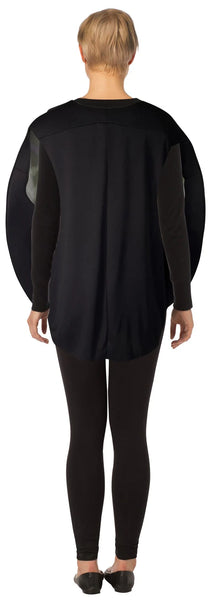 Back view of Woman in the Adults Chocolate Donut with Sprinkles Costume Featuring a round foam tunic designed to resemble a chocolate-frosted donut with a center cutout, printed with a glossy chocolate icing effect and topped with multicolored sprinkle graphics across the front, paired with a smooth black back panel