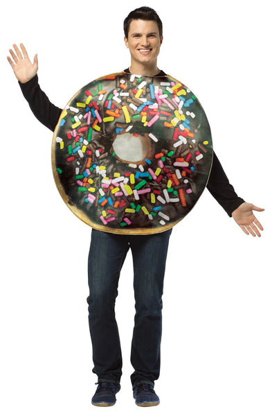 Man posing in the Adults Chocolate Donut with Sprinkles Costume Featuring a round foam tunic designed to resemble a chocolate-frosted donut with a center cutout, printed with a glossy chocolate icing effect and topped with multicolored sprinkle graphics across the front, paired with a smooth black back panel