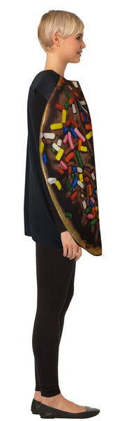 Side view of Woman in the Adults Chocolate Donut with Sprinkles Costume Featuring a round foam tunic designed to resemble a chocolate-frosted donut with a center cutout, printed with a glossy chocolate icing effect and topped with multicolored sprinkle graphics across the front, paired with a smooth black back panel