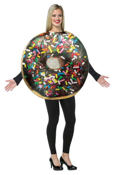 Woman posing in the Adults Chocolate Donut with Sprinkles Costume Featuring a round foam tunic designed to resemble a chocolate-frosted donut with a center cutout, printed with a glossy chocolate icing effect and topped with multicolored sprinkle graphics across the front, paired with a smooth black back panel