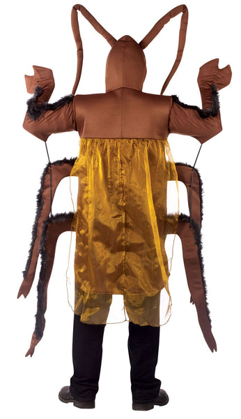 Back view of a man posing in the Cockroach costume featuring a padded brown tunic shaped like an elongated insect body with an attached hood and long curved antennae; includes multiple stuffed side legs with faux‑fur trim supported by rods for a creepy‑crawler look, plus attached mitt gloves and sheer wing‑style back panels for added dimension