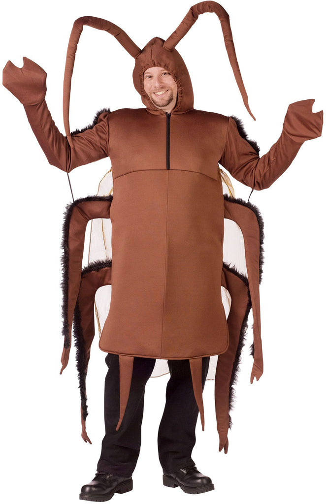 Man posing in the Adults Cockroach Costume featuring a featuring a padded brown tunic shaped like an elongated insect body with an attached hood and long curved antennae; includes multiple stuffed side legs with faux‑fur trim supported by rods for a creepy‑crawler look, plus attached mitt gloves and sheer wing‑style back panels for added dimension