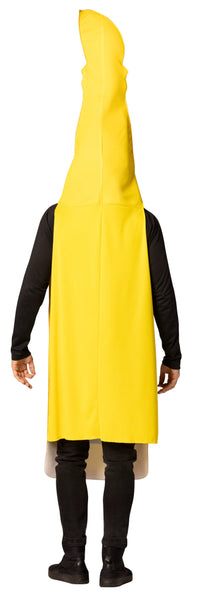 Back view of man in the adults Corona Extra Bottle with Lime Costume featuring a head-out tunic designed in the shape of a Corona Extra bottle with a tall, tapered top and an attached lime wedge at the opening, printed on the front with realistic label graphics including logo details, condensation droplets, and golden beverage imagery, with arm openings at the sides and a smooth yellow poly-knit back