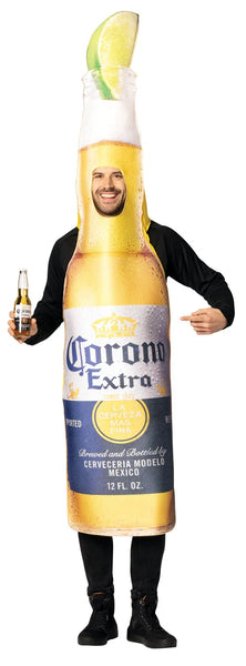 Man in the adults Corona Extra Bottle with Lime Costume featuring a head-out tunic designed in the shape of a Corona Extra bottle with a tall, tapered top and an attached lime wedge at the opening, printed on the front with realistic label graphics including logo details, condensation droplets, and golden beverage imagery, with arm openings at the sides and a smooth yellow poly-knit back