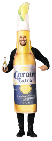 Man in the adults Corona Extra Bottle with Lime Costume featuring a head-out tunic designed in the shape of a Corona Extra bottle with a tall, tapered top and an attached lime wedge at the opening, printed on the front with realistic label graphics including logo details, condensation droplets, and golden beverage imagery, with arm openings at the sides and a smooth yellow poly-knit back
