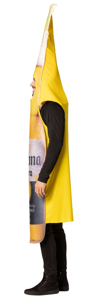 Side view of man in the adults Corona Extra Bottle with Lime Costume featuring a head-out tunic designed in the shape of a Corona Extra bottle with a tall, tapered top and an attached lime wedge at the opening, printed on the front with realistic label graphics including logo details, condensation droplets, and golden beverage imagery, with arm openings at the sides and a smooth yellow poly-knit back