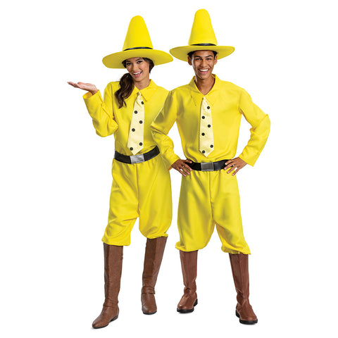 Man and woman in the Adults Curious George Person In The Yellow Hat Costume featuring a bright yellow long‑sleeve shirt styled with a pointed collar and a clip-on tie printed with bold black polka dots for a clean, character‑accurate look. The costume includes matching yellow pants with a relaxed fit, a wide black belt, and a tall structured yellow hat with a wide brim and black band that completes the instantly recognizable silhouette.