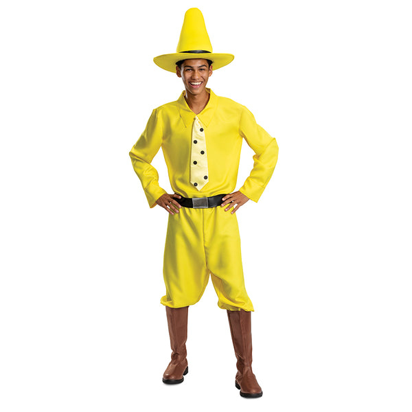Man in the Adults Curious George Person In The Yellow Hat Costume featuring a bright yellow long‑sleeve shirt styled with a pointed collar and a clip-on tie printed with bold black polka dots for a clean, character‑accurate look. The costume includes matching yellow pants with a relaxed fit, a wide black belt, and a tall structured yellow hat with a wide brim and black band that completes the instantly recognizable silhouette.