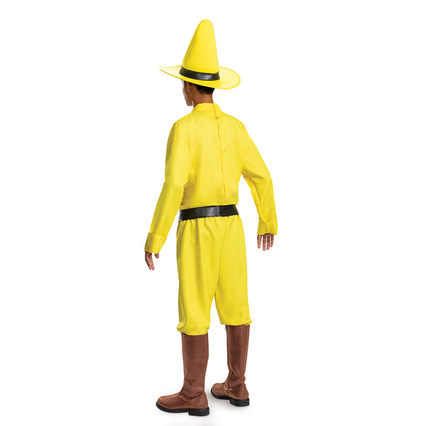 Back of man in the Adults Curious George Person In The Yellow Hat Costume featuring a bright yellow long‑sleeve shirt styled with a pointed collar and a clip-on tie printed with bold black polka dots for a clean, character‑accurate look. The costume includes matching yellow pants with a relaxed fit, a wide black belt, and a tall structured yellow hat with a wide brim and black band that completes the instantly recognizable silhouette.