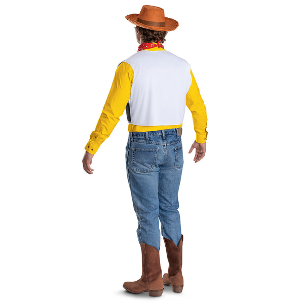 Back of man in the Adults Disney Pixar Toy Story Woody Costume Accessory Kit featuring a coordinated set of classic Woody pieces, including a brown wide‑brim cowboy hat with stitched detailing around the edge, a red bandana with white print, and a cow‑print vest panel designed with black‑and‑white patterning and a printed sheriff badge on the chest.