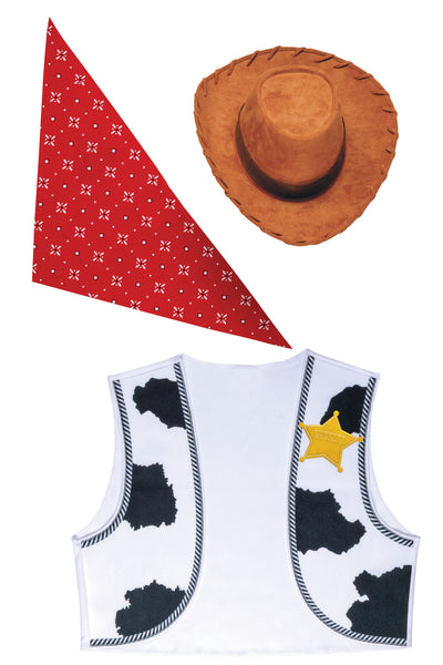 Adults Disney Pixar Toy Story Woody Costume Accessory Kit featuring a coordinated set of classic Woody pieces, including a brown wide‑brim cowboy hat with stitched detailing around the edge, a red bandana with white print, and a cow‑print vest panel designed with black‑and‑white patterning and a printed sheriff badge on the chest.