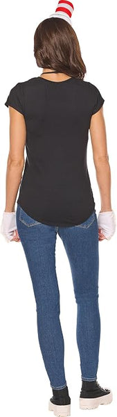 Back of Woman in the Adults Dr. Seuss Cat in the Hat Costume Accessory Kit Featuring a red and white striped mini top hat headpiece, a large red bow tie, a white oval-shaped stick-on belly patch, and a pair of white fingerless gloves