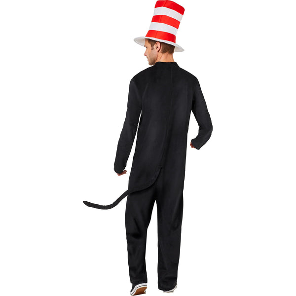 Back of man posing in the Adults Dr. Seuss Cat in the Hat Costume Featuring a full-length black jumpsuit with an attached white chest panel shaped like fur, paired with a detachable black tail, a large red bow tie accessory at the neckline, and a tall red and white striped hat with a wide white brim.
