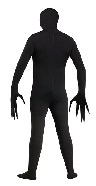 Back of Adults Fading Eyes Shadow Demon Costume featuring a full‑body black stretch suit that covers from head to toe in a smooth, seamless silhouette; designed with integrated hood and paired with exaggerated long finger extensions that create a claw‑like, otherworldly hand shape. The costume is finished with built‑in glowing red LED eye effects that shine through the face area, creating a dramatic “fading eyes” illusion