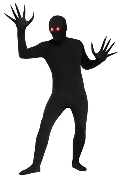 Adults Fading Eyes Shadow Demon Costume featuring a full‑body black stretch suit that covers from head to toe in a smooth, seamless silhouette; designed with integrated hood and paired with exaggerated long finger extensions that create a claw‑like, otherworldly hand shape. The costume is finished with built‑in glowing red LED eye effects that shine through the face area, creating a dramatic “fading eyes” illusion